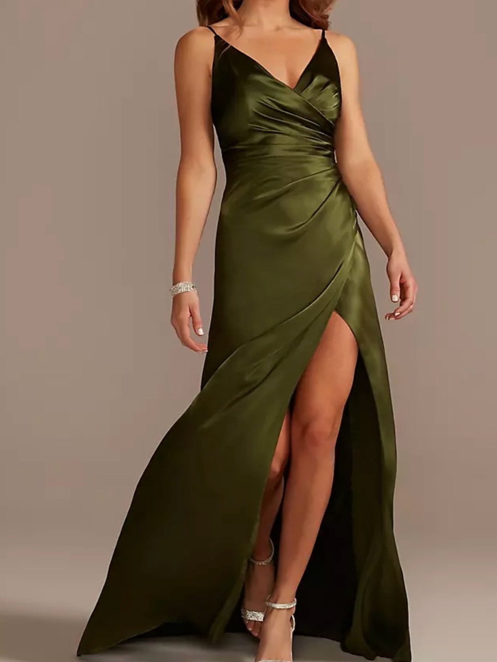 Galina Signature Olive Green Satin Wrap Evening Dress Size 20